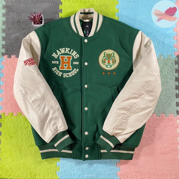NWOT Ltd. Ed. H&M, Green, Stranger Things Hawkins High Tigers Letterman Jacket - Picture 1 of 13